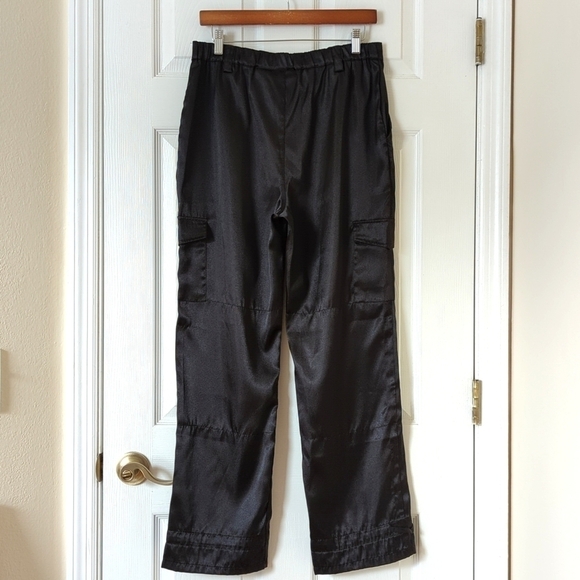 Catalina Satin High Waisted Straight Leg Ankle Cinch Cargo Pants Rich Black M - Picture 5 of 15